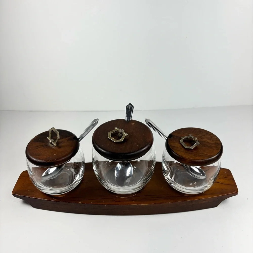 Vintage Glass Spice Jars with Wooden Lids Spoons Tray‎ Three jars